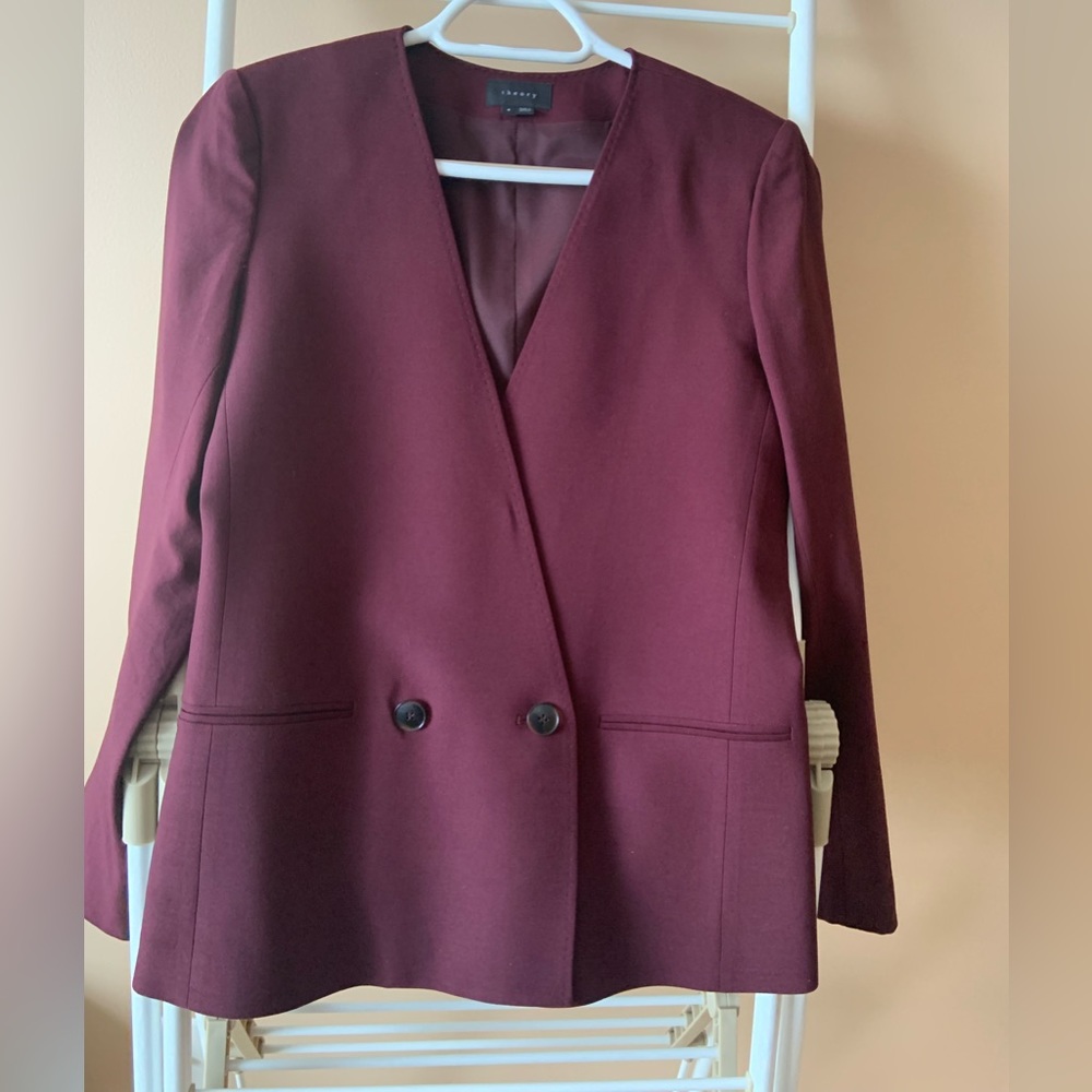Theory Burgundy Collarless Blazer Size 8